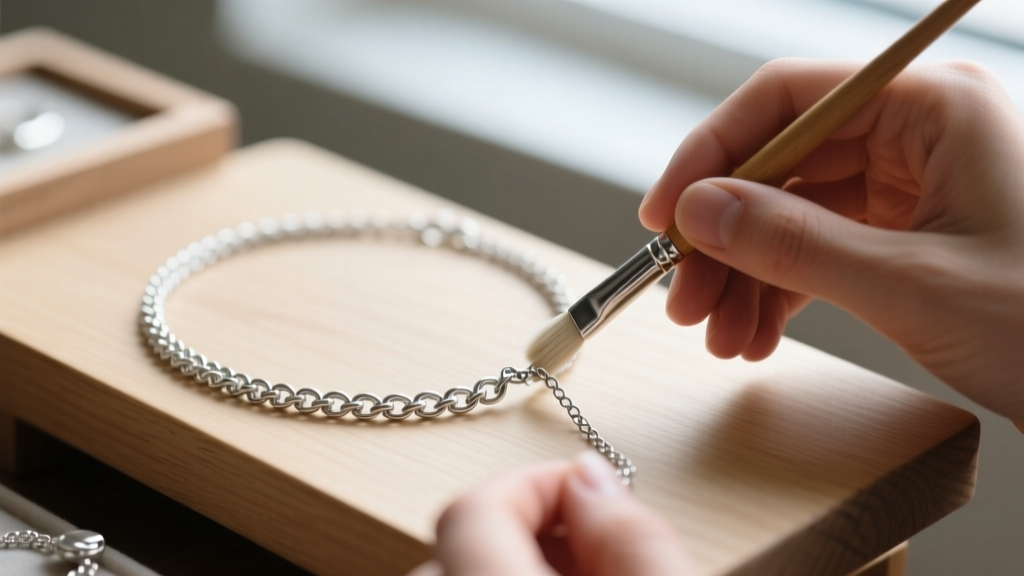 Hands using a soft brush to fix a snagged link on a sterling silver foxtail mesh necklace resting on a wooden jeweler