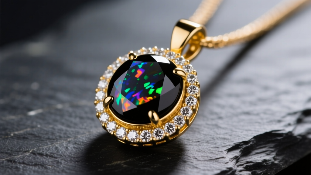 Close-up of a 14k yellow gold bezel-set black opal pendant surrounded by a micro-pave diamond halo, resting on dark slate.