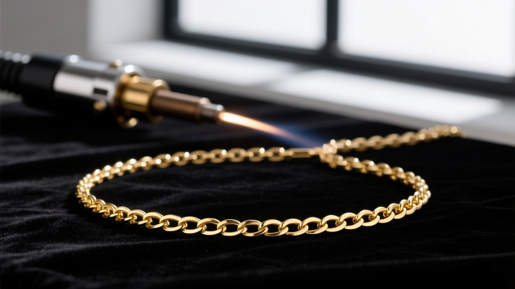 Delicate 14k solid gold permanent jewelry chain resting on dark velvet with a pulse arc welder softly blurred in the background.