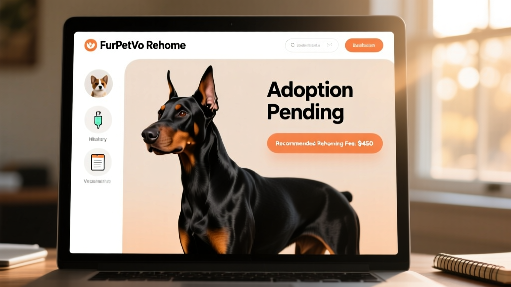 Screenshot of the FurPetVo Rehome dashboard showing a Doberman Pinscher profile with 'Adoption Pending' status