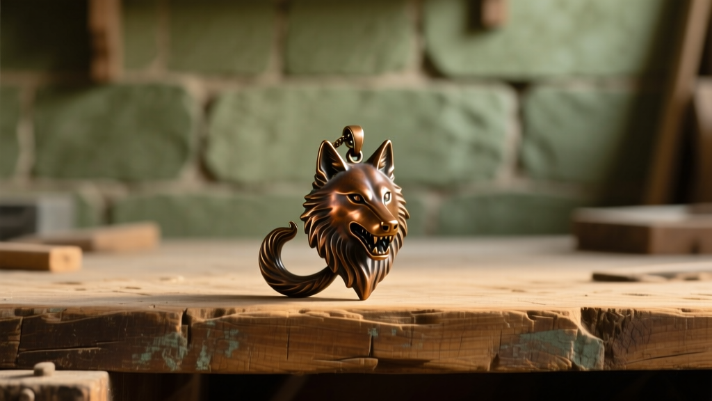 Cast bronze wolf pendant with rich brown patina resting on a rustic wooden workbench under warm light.