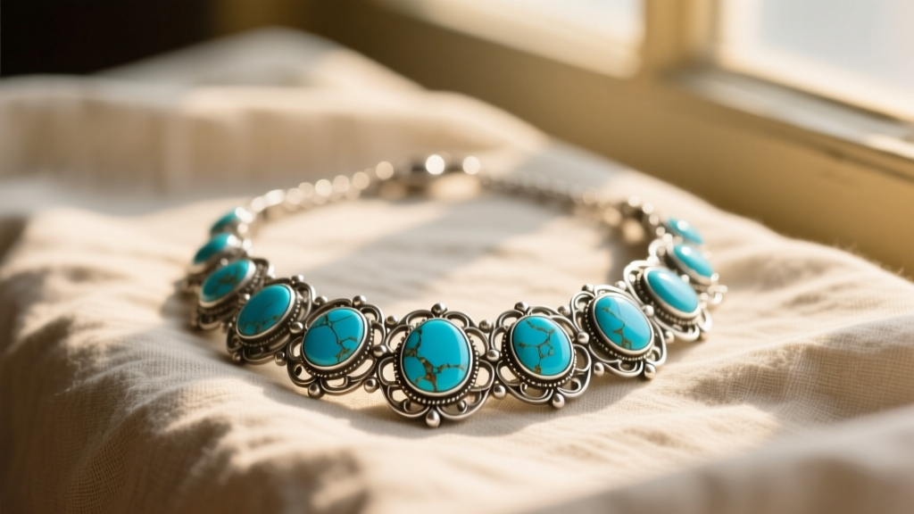 Close-up of a vintage turquoise and sterling silver necklace resting on soft neutral linen cloth in warm natural window light.