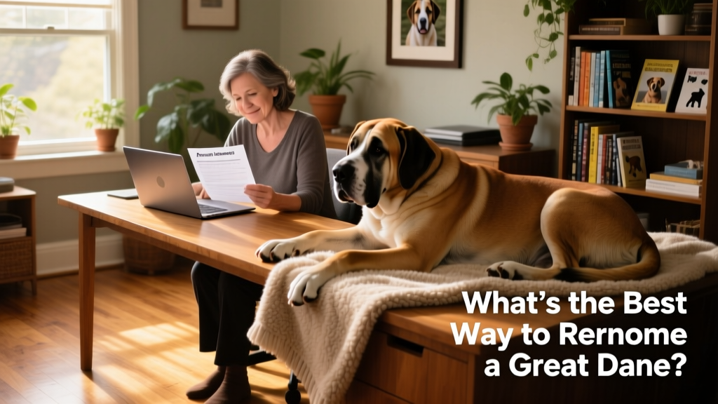 A person reviewing adoption applications on a laptop, with a Great Dane lying peacefully nearby