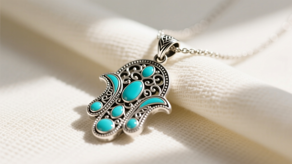 Close-up of a sterling silver Hamsa necklace with turquoise enamel accents on cream linen fabric, illuminated by natural sunlight