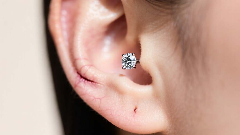 Macro photo of a healed earlobe piercing wearing a minimalist diamond stud, showing healthy skin texture and a perfect jewelry fit