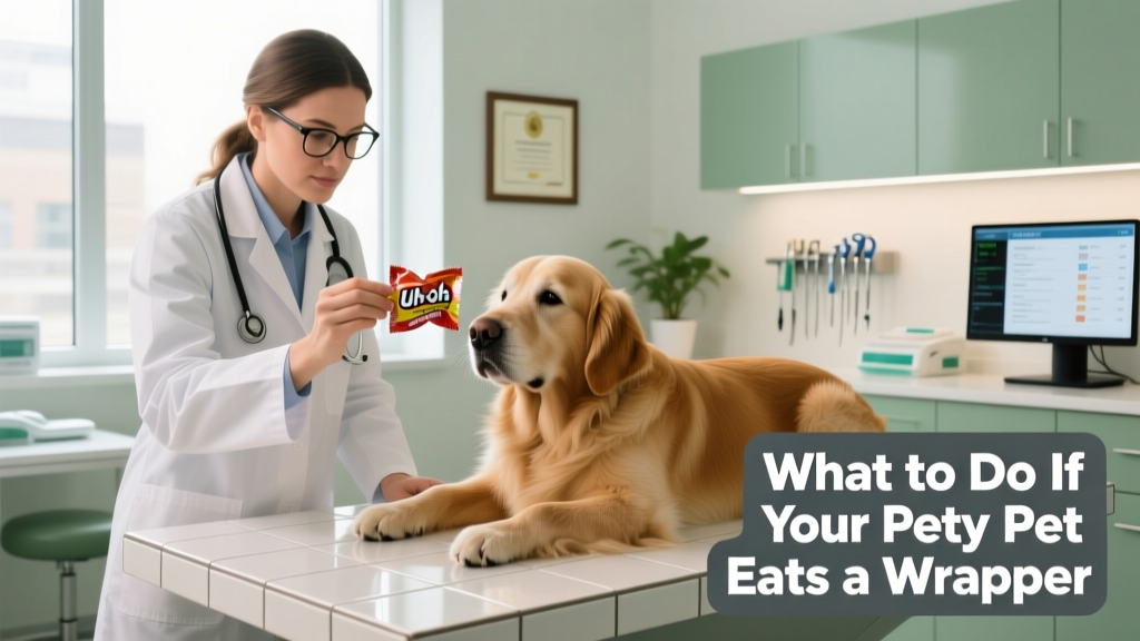A calm, confident veterinarian examining a relaxed dog in a clean exam room, holding a candy wrapper sample for reference