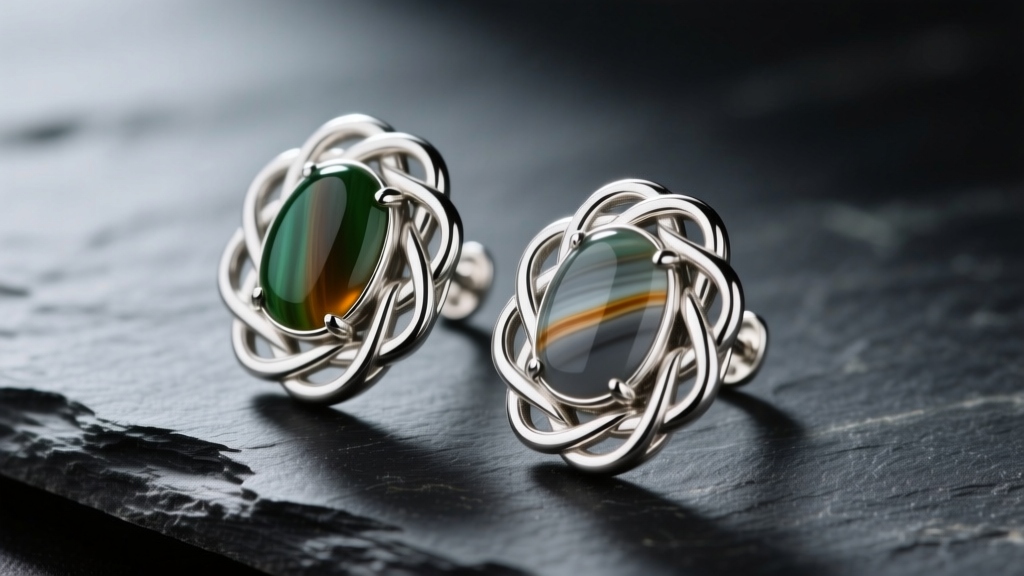 Macro shot of sterling silver Isle of Skye earrings with Celtic knotwork and polished Scottish agate cabochons on dark slate