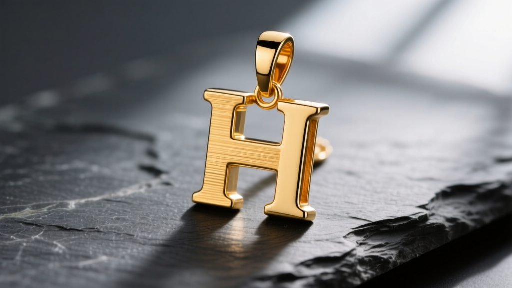 Macro shot of a solid 14k yellow gold H letter pendant on dark slate, highlighting the polished crossbar and brushed metal edges.