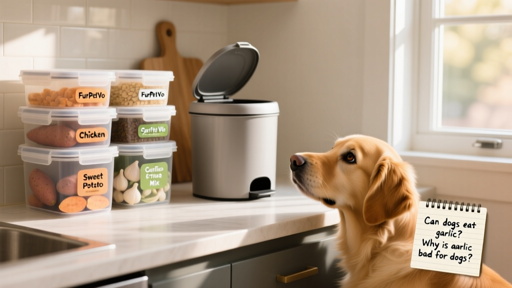 A kitchen counter with labeled, sealed FurPetVo storage containers and a dog-proof trash bin nearby