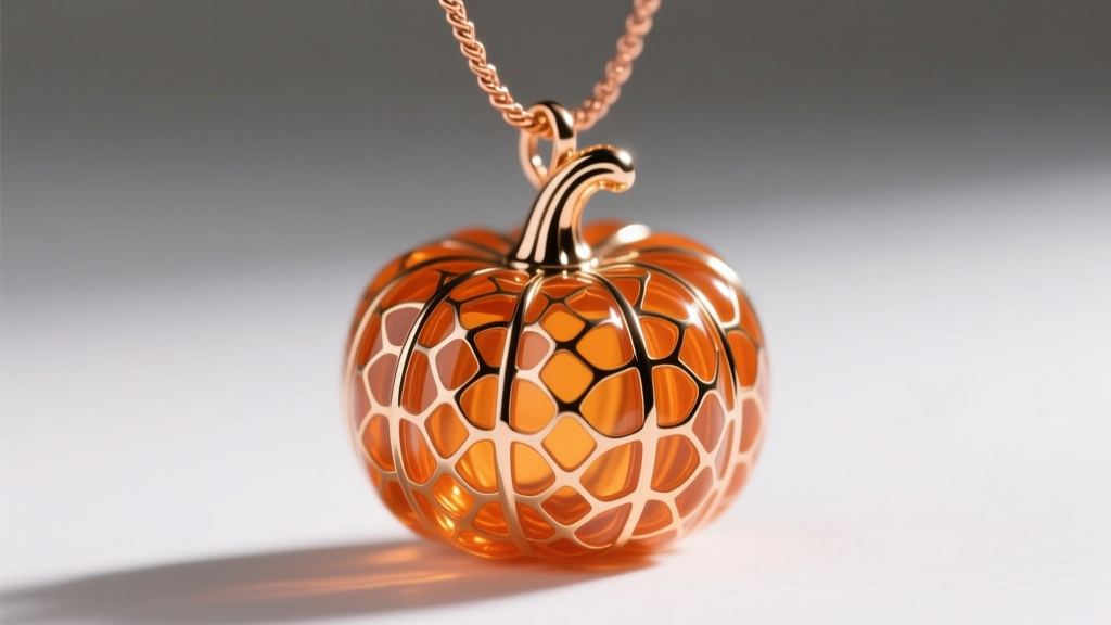 Macro close-up of a guilloche enamel pumpkin charm on a 1.2mm rose gold cable chain, showing intricate translucent orange layers