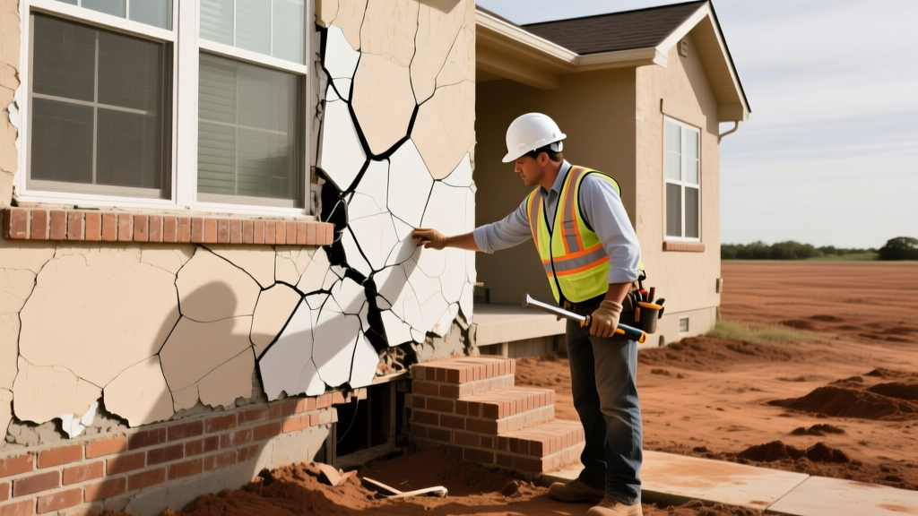 Structural engineer inspecting diagonal drywall cracks and stair-step brick fractures on a Houston suburban home exterior with expansive clay soil visible