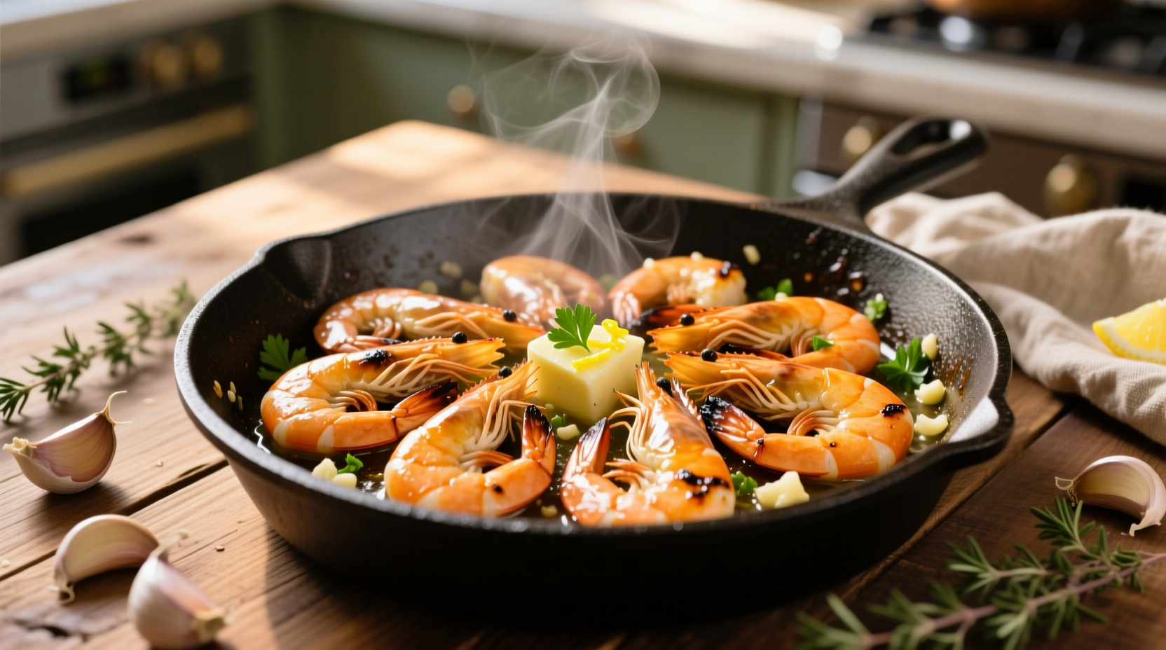 Perfectly cooked garlic butter shrimp in skillet