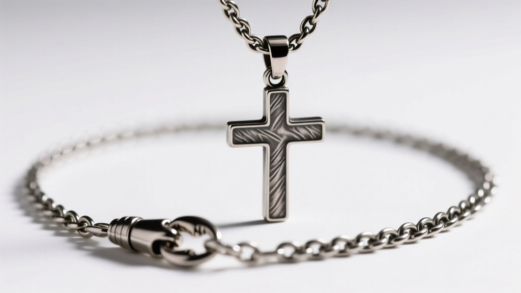 A 2.5mm oxidized silver rolo chain attached to a heavy cross pendant, highlighting a secure lobster clasp in soft studio lighting.