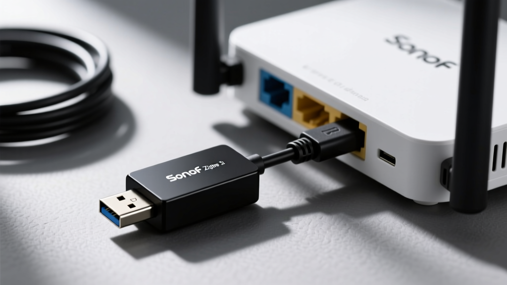 Close-up of a Sonoff Zigbee 3.0 USB dongle connected to a router with an extension cable to prevent USB 3.0 interference.