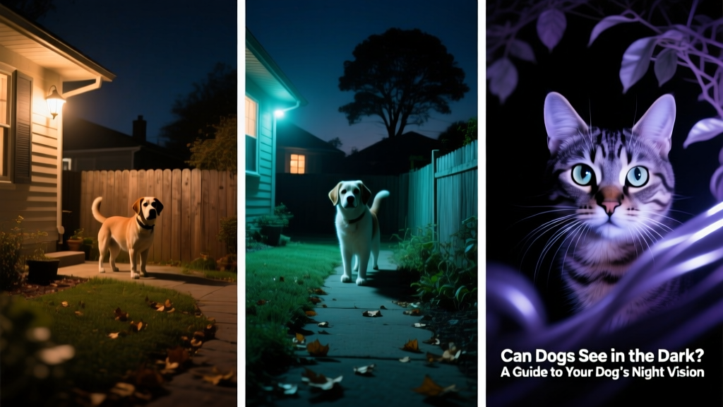 Three-panel comparison showing how the same dimly lit backyard scene appears to humans, dogs, and cats