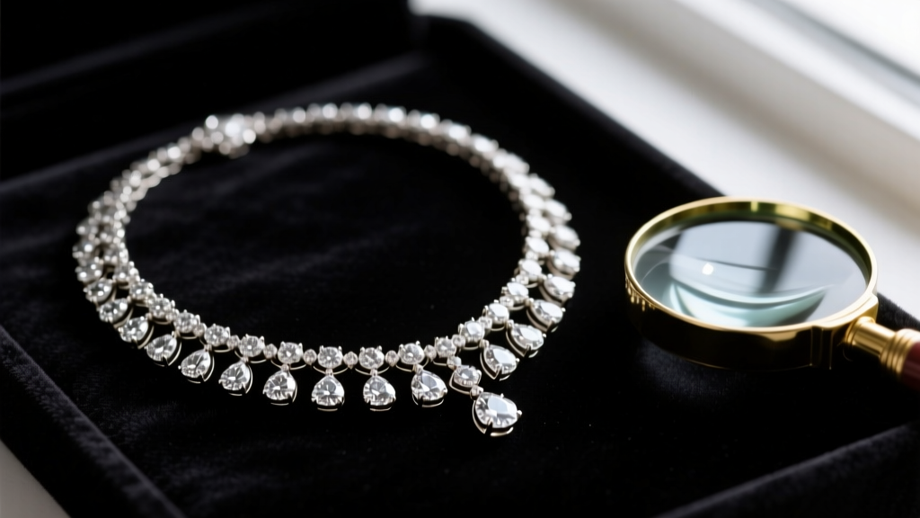 Close-up of a vintage diamond riviere necklace on dark velvet next to a jeweler's loupe, illuminated by moody, dramatic lighting