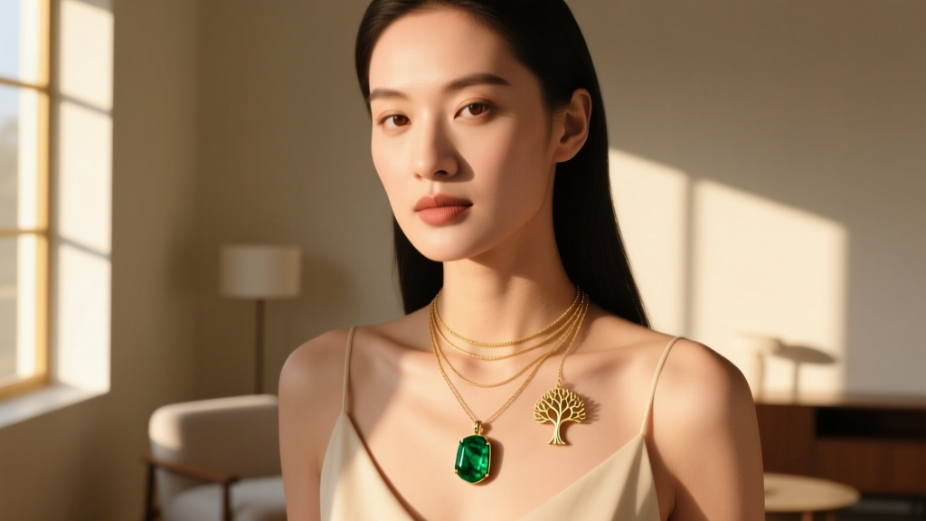 Woman wearing layered necklaces including a raw emerald birthstone pendant and a small gold tree of life charm in natural sunlight.