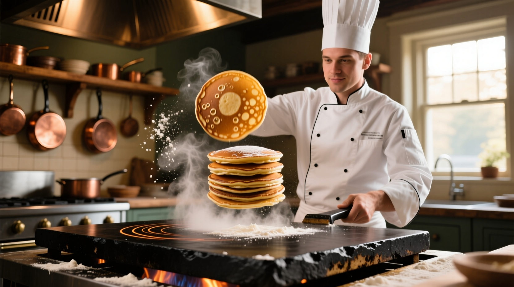 Chef flipping pancakes on a blackstone griddle