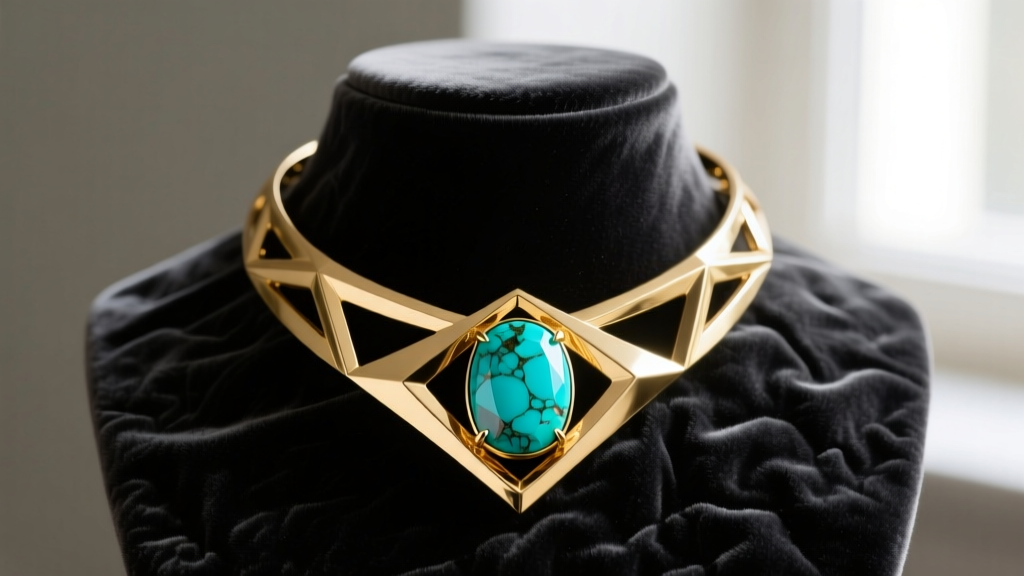 Sculptural 18k gold Anthony Nak collar necklace with a vivid turquoise cabochon on a dark charcoal velvet bust.
