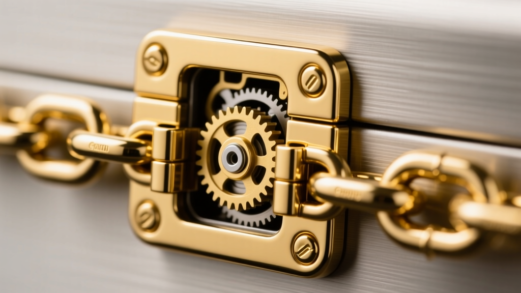 Extreme close-up of a reinforced double-safety box clasp on a thick gold chain, showing the internal lock and side safety latches.