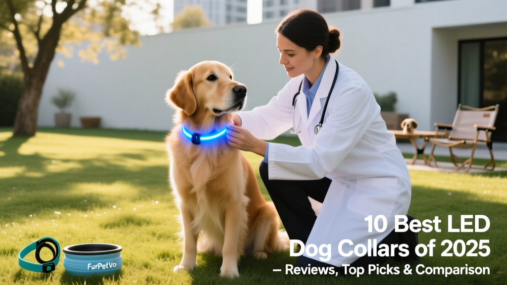 A veterinarian adjusting a FurPetVo LED collar on a golden retriever during a daylight safety demonstration