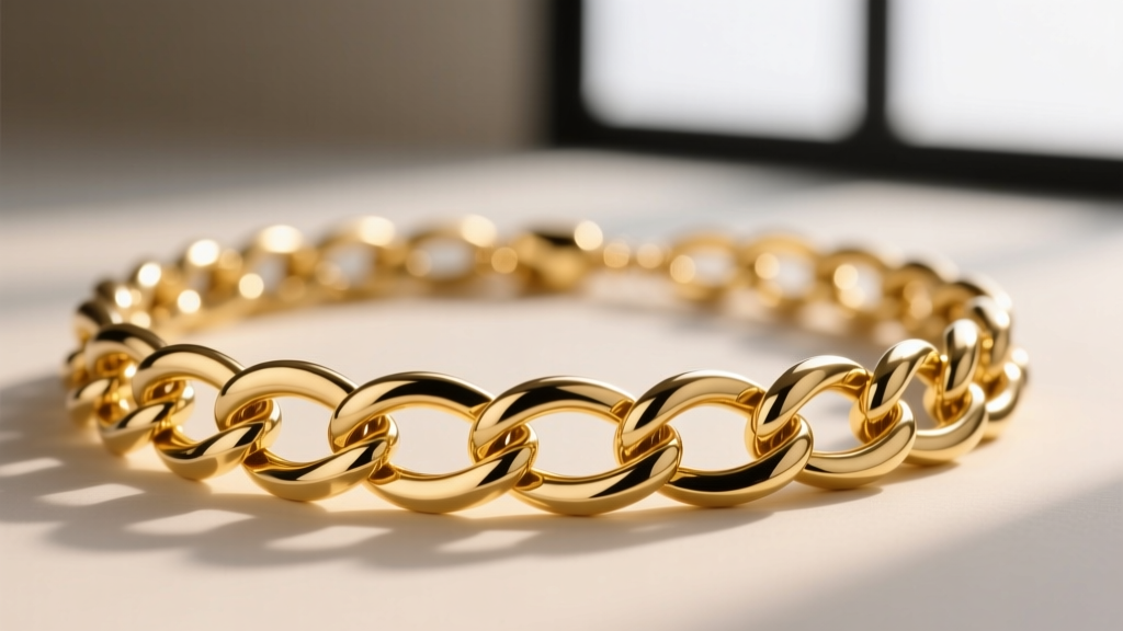 Macro photography of a polished 14k yellow gold necklace snake chain, highlighting the seamless interlocking wavy metal rings.