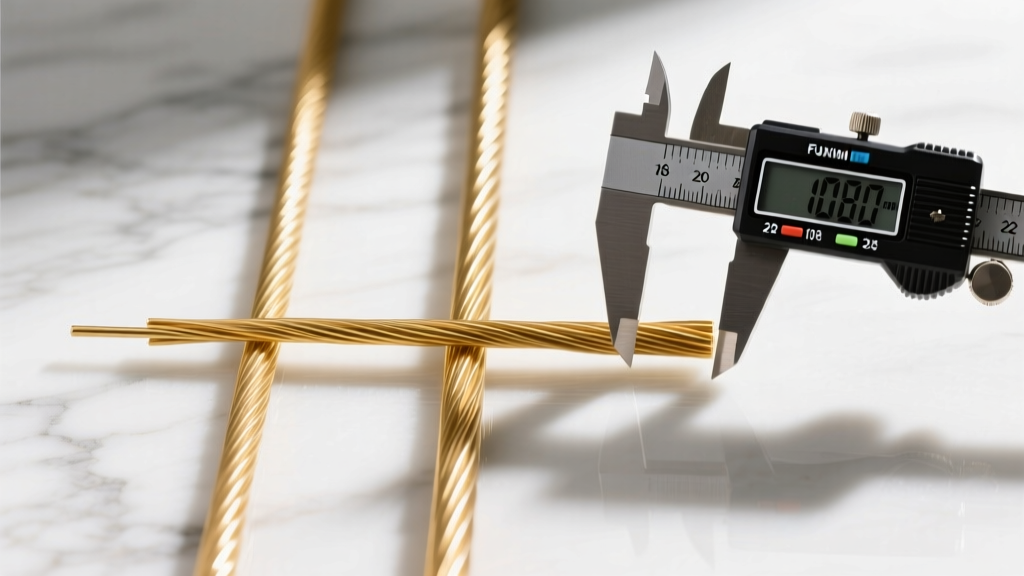 Photo comparing 18, 20, and 22-gauge gold wire thicknesses side-by-side on white marble, being measured with digital calipers.
