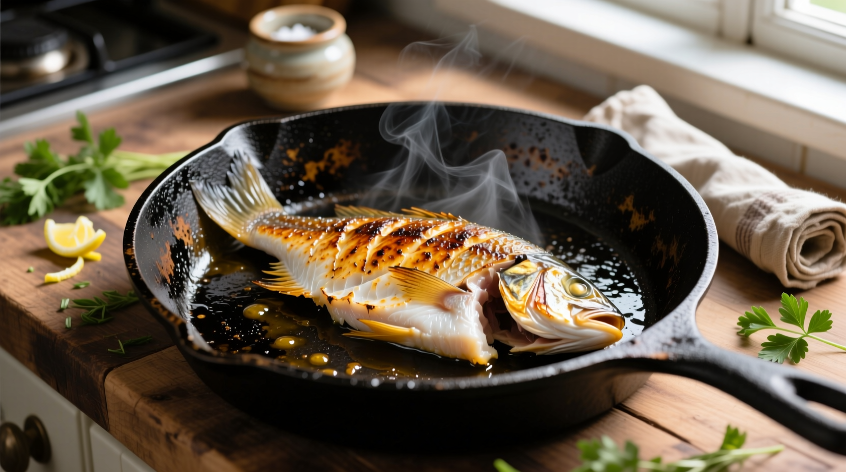 Perfectly seared tilapia fillet in cast iron skillet