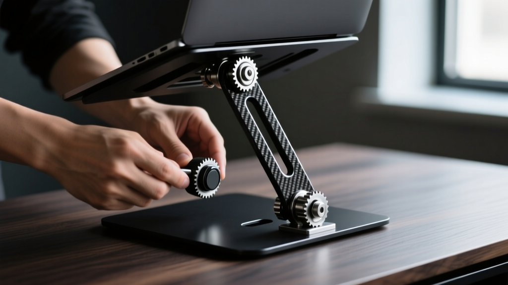 Hands adjusting the tension knob on a carbon-fiber laptop stand, showcasing the mechanical ratchet joints and matte finish on a dark desk
