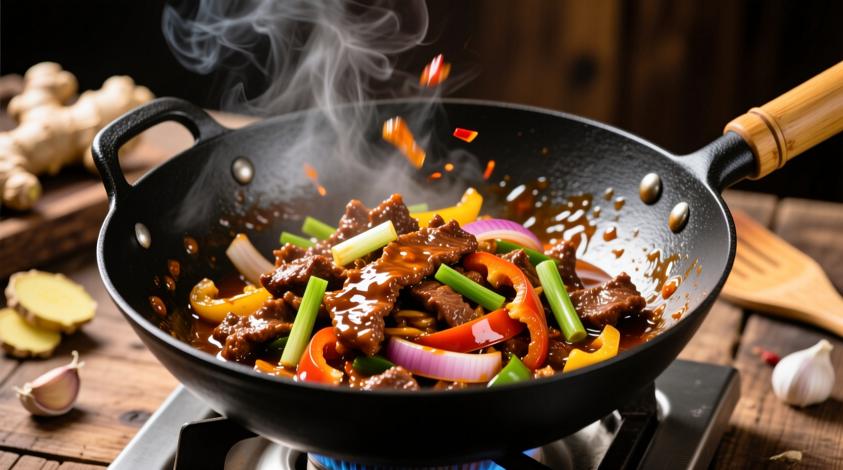 Sizzling Mongolian beef in wok with visible sauce coating