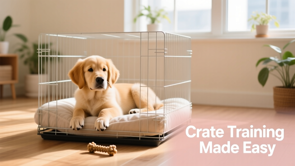 A calm, relaxed puppy resting inside a clean, well-lit crate with a soft bed and chew toy