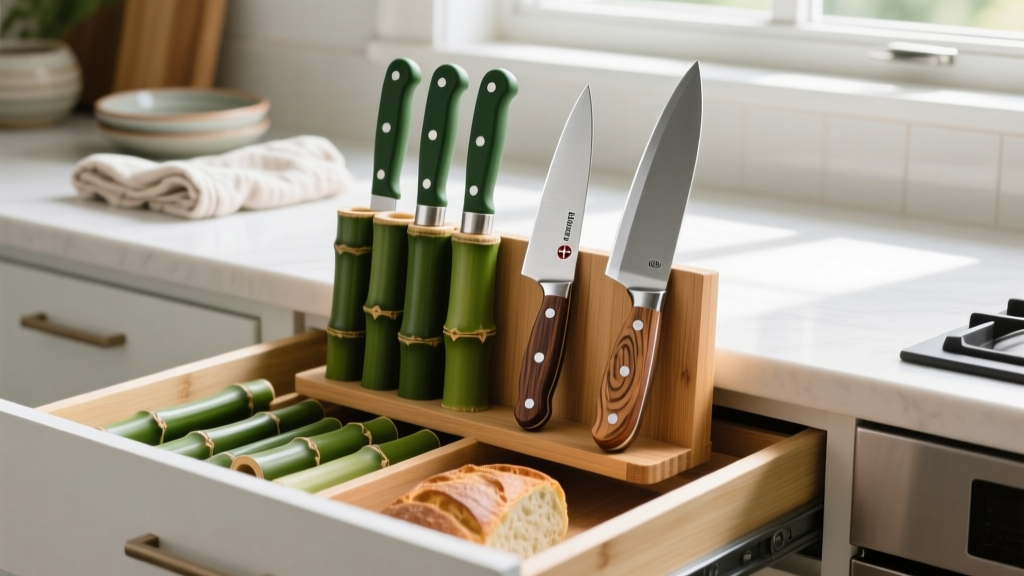 Upcycled bamboo kitchen drawer organizer holding sustainable cutting tools including a Victorinox Fibrox paring knife and wooden bread knife
