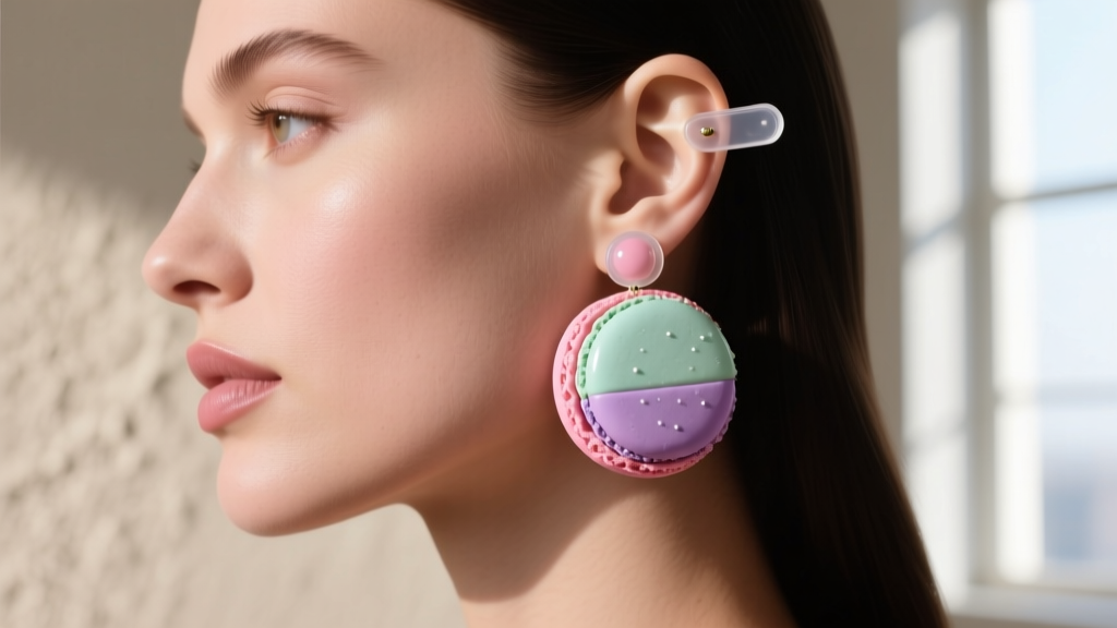 Side profile of a woman wearing a large macaron cookie earring secured by a silicone backing, showing perfect earlobe posture.