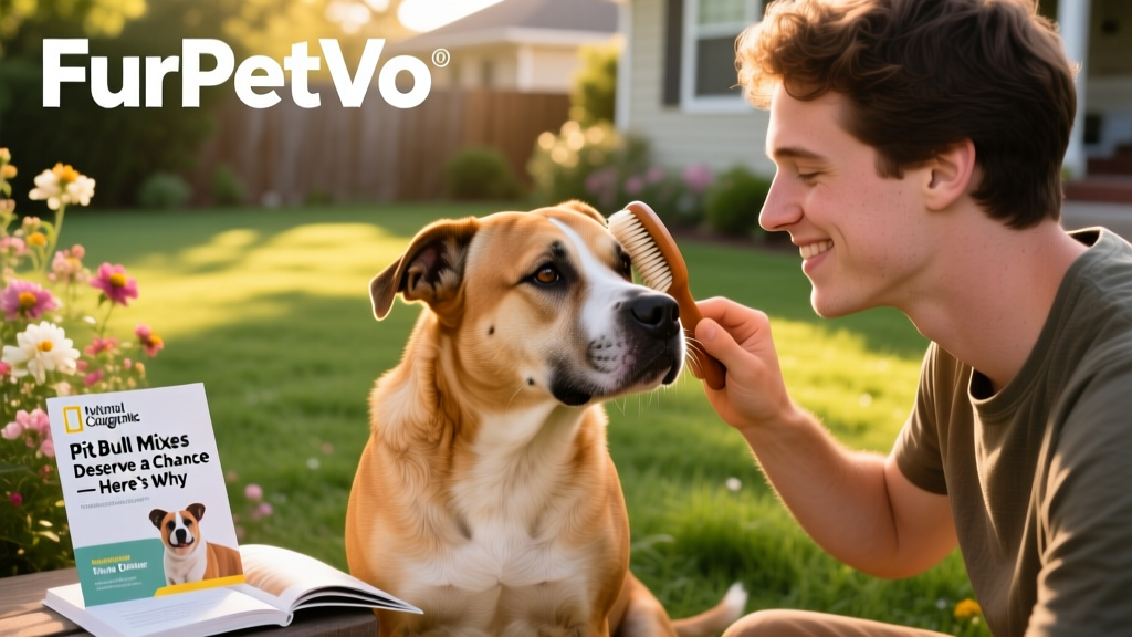A person smiling while gently brushing a relaxed Pit Bull mix, with FurPetVo branding visible on a nearby resource booklet