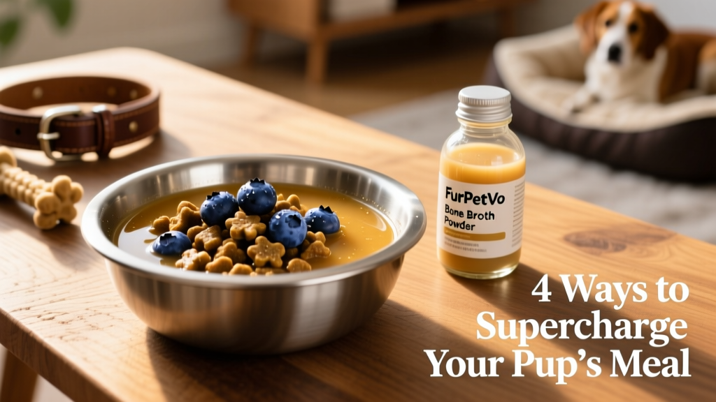 A stainless steel bowl filled with moist kibble topped with golden broth and fresh blueberries, next to a small bottle of FurPetVo bone broth powder