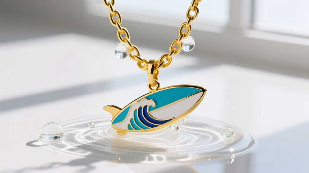 Macro shot of 14k yellow gold cable chain with enamel surfboard charm, submerged in clear soapy water for gentle jewelry cleaning.