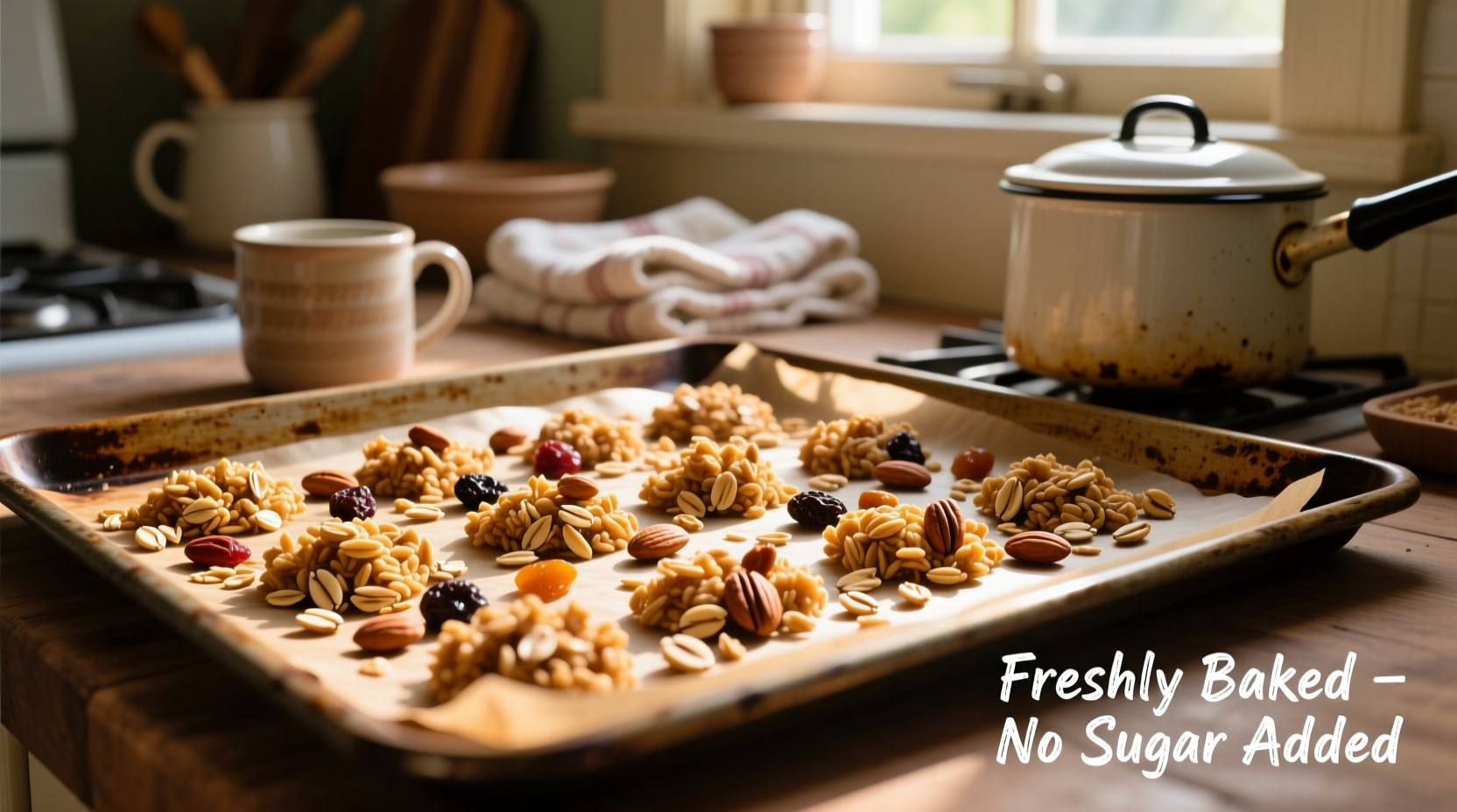 Homemade granola cooling on baking sheet