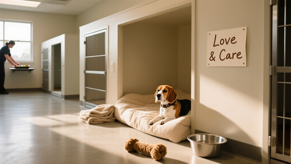A clean, well-lit shelter kennel with bedding and toys, showing compassionate care environment