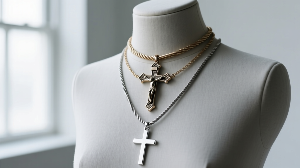 Layered necklaces on a mannequin showing a 16-inch cable chain with a small sideways cross and a 20-inch rope chain holding a larger crucifix.