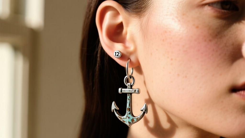 Left ear wearing a 12-gauge sterling silver hoop earring with an oxidized anchor charm dangling softly in warm natural sunlight