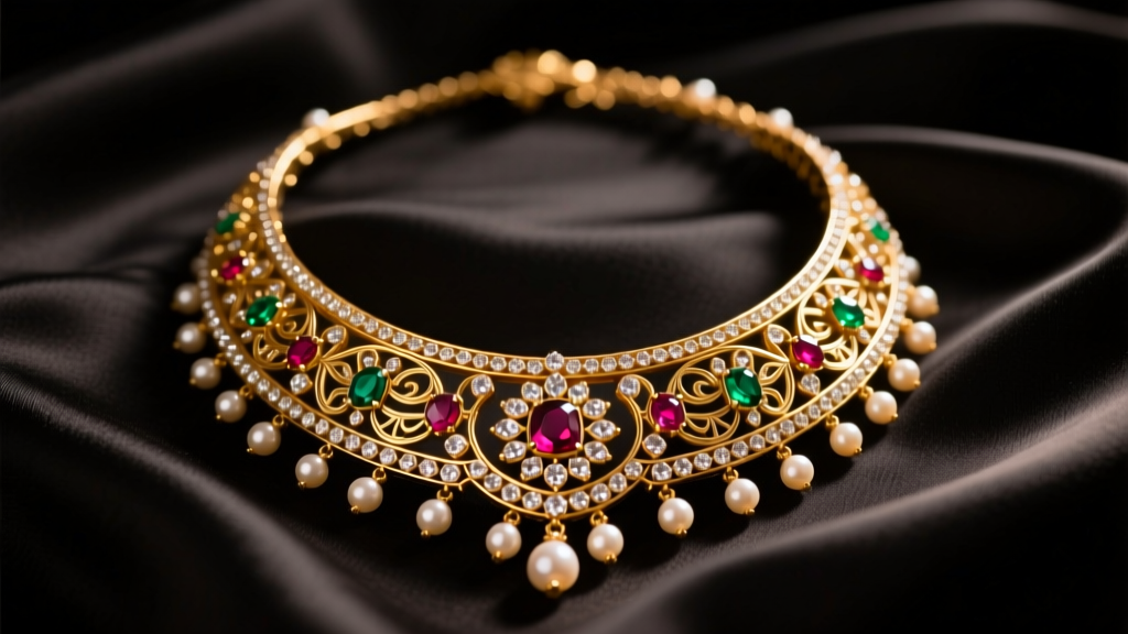 Indian Kundan necklace on dark silk, lit by warm studio lighting to highlight intricate gold foil settings and gemstone details