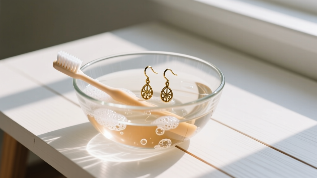 Glass bowl with warm soapy water and a soft baby toothbrush cleaning tarnished brass earring hooks on a bright wooden desk