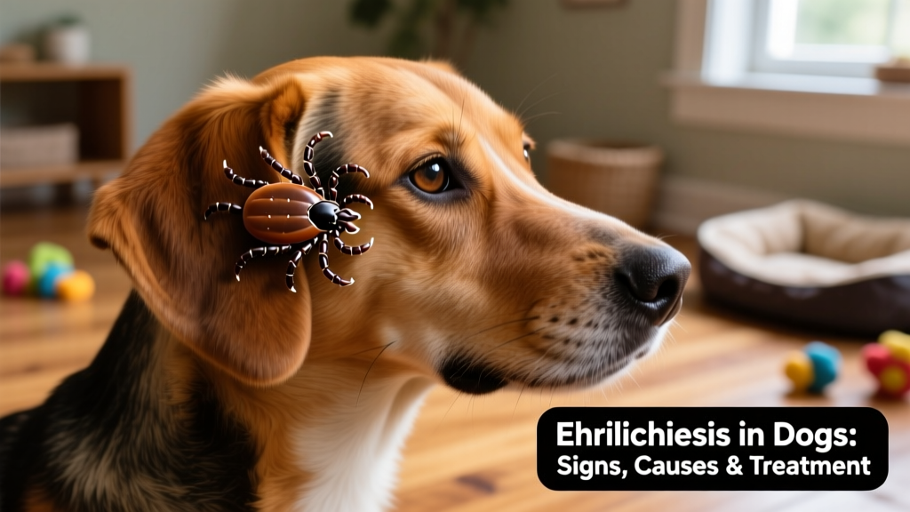 Close-up of a brown dog tick attached to a dog's ear