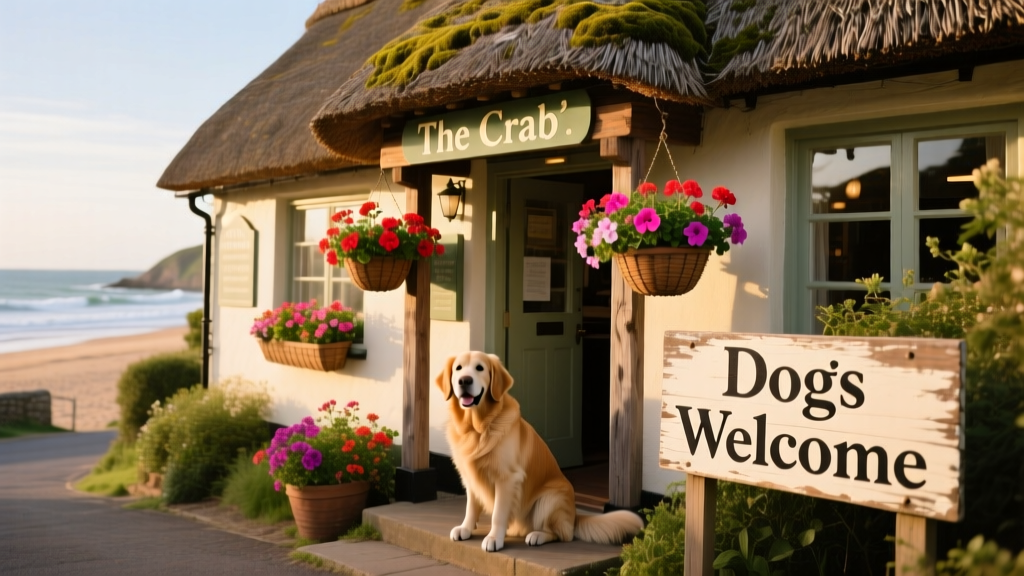 Quaint thatched roof of The Crab pub in Shanklin, with flower baskets and a friendly ‘Dogs Welcome’ sign