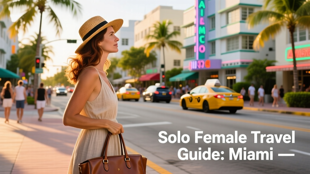 A solo female traveler pausing to look across a busy downtown Miami street