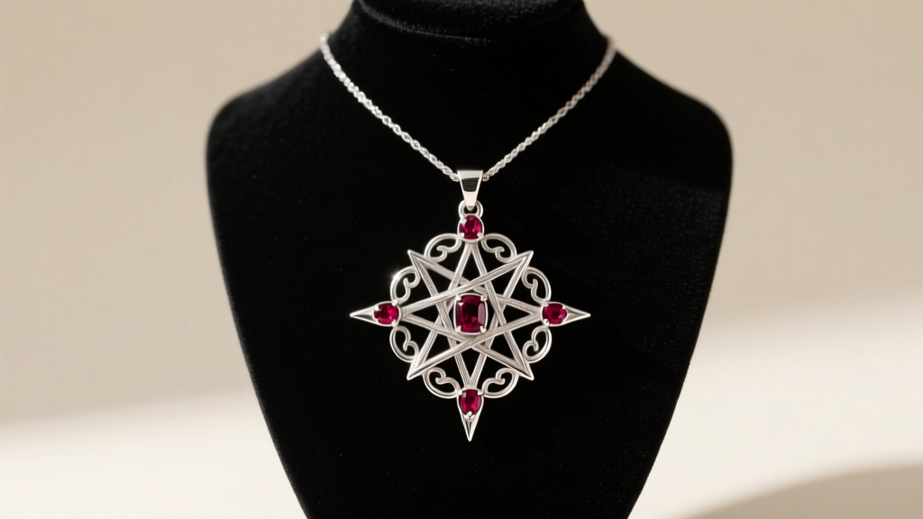Sterling silver Astarion amulet replica hanging from a black velvet bust, highlighting intricate filigree details and ruby accents