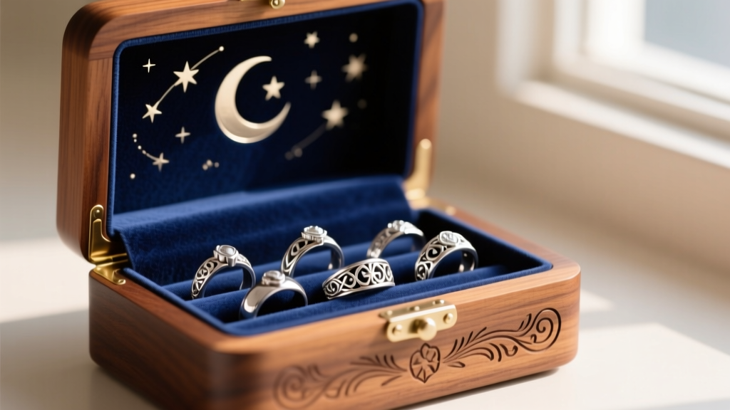 Navy blue anti-tarnish suede lining inside a custom wooden Sailor Moon compact box, gently holding several sterling silver rings.