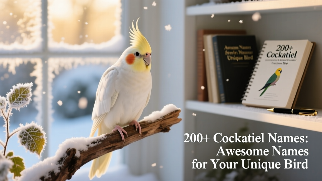A snowy-white cockatiel sitting calmly on a soft perch, surrounded by gentle winter light