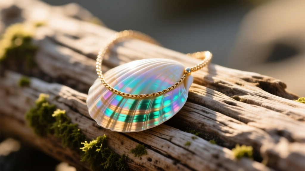 Macro shot of an iridescent puka sea shell necklace resting on weathered driftwood, illuminated by soft natural morning sunlight.