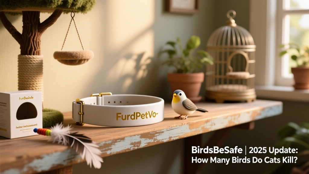 FurPetVo-branded BirdsBeSafe collar and indoor enrichment kit displayed together on a wooden shelf